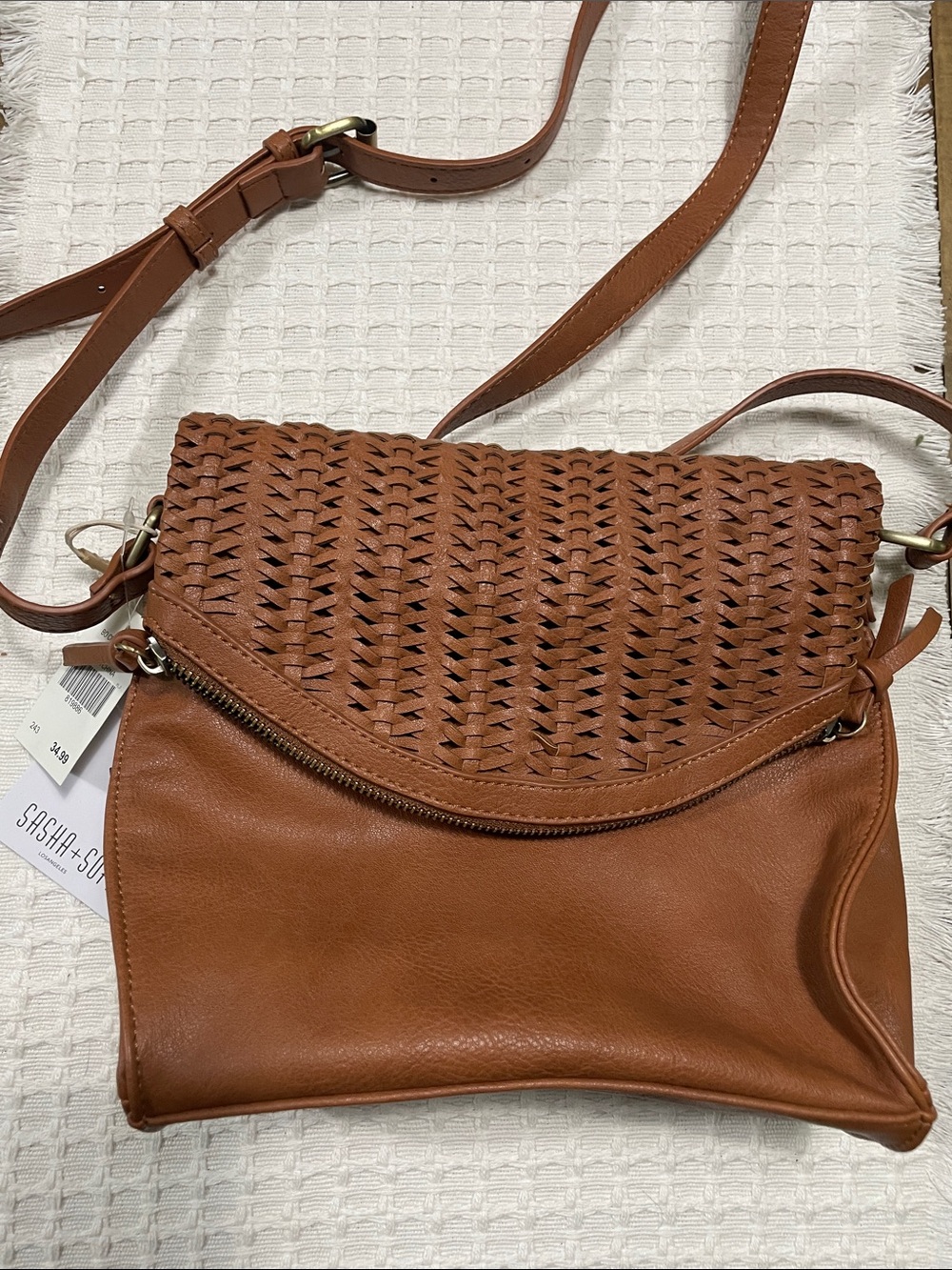 Woven Flap Crossbody Bag in Cognac Brown